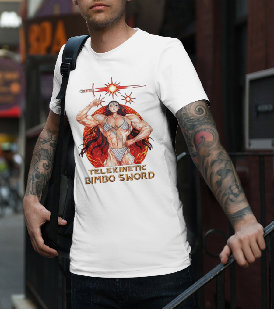 Rebecca Kirby Telekinetic Bimbo Sword Warrior With Fiery Background T-Shirt