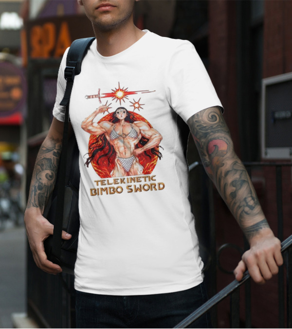 Rebecca Kirby Telekinetic Bimbo Sword Warrior With Fiery Background T-Shirt