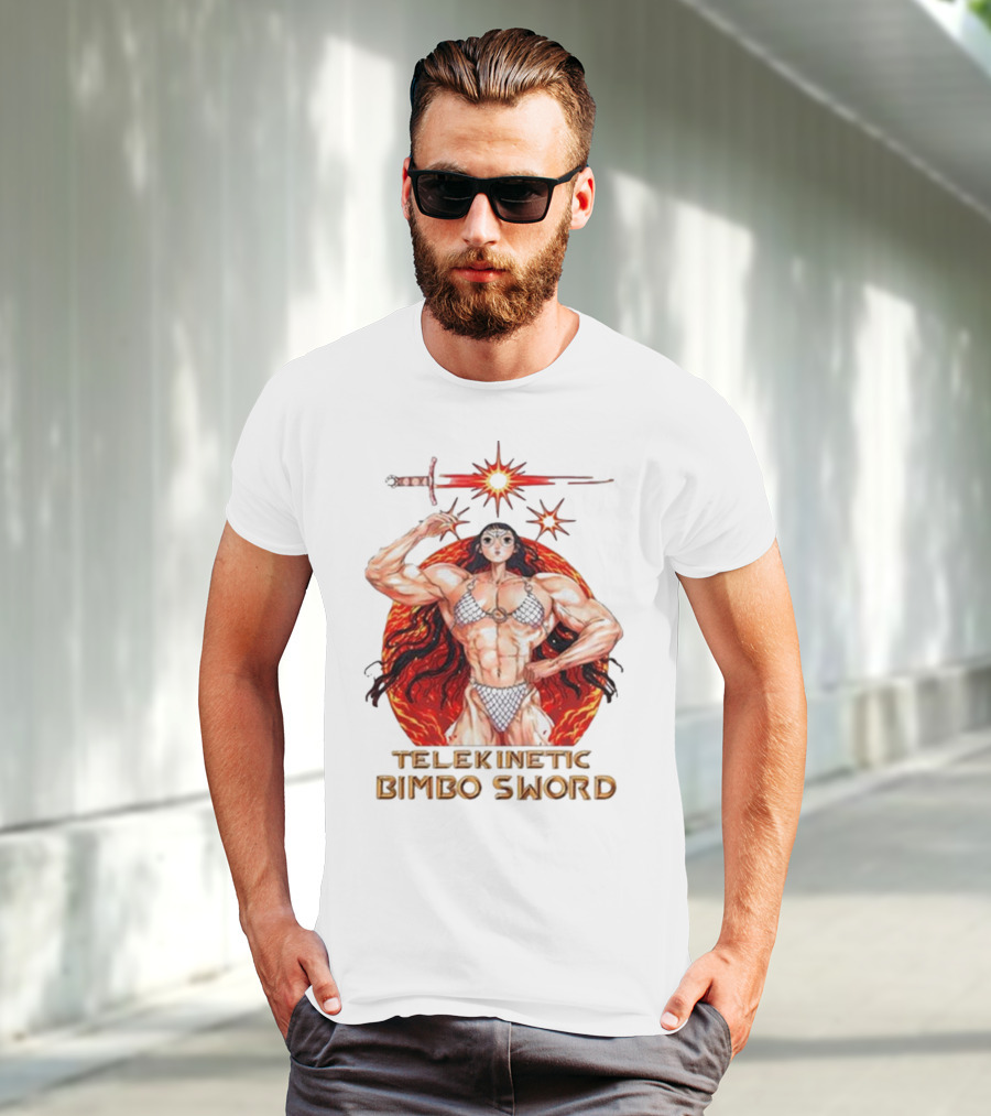 Rebecca Kirby Telekinetic Bimbo Sword Warrior With Fiery Background T-Shirt