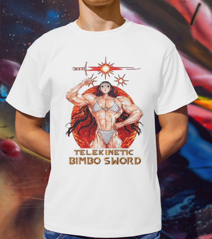 Rebecca Kirby Telekinetic Bimbo Sword Warrior With Fiery Background T-Shirt
