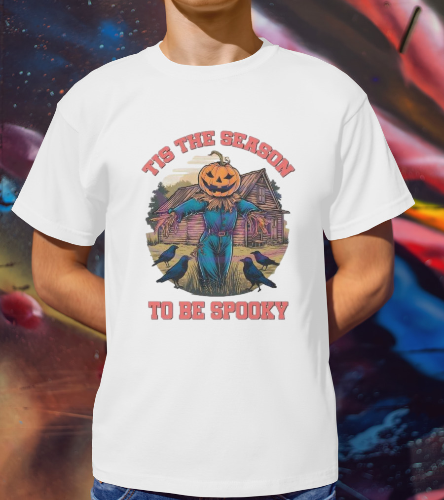 Tis The Season To Be Spooky Pumpkin Head Scarecrow With Crows In Front Of Haunted House T-Shirt