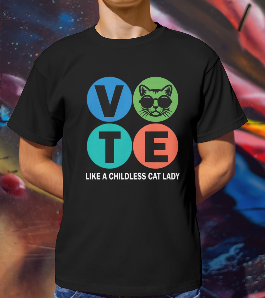 Vote Like A Childless Cat Lady Retro Circle Cat Face T-Shirt