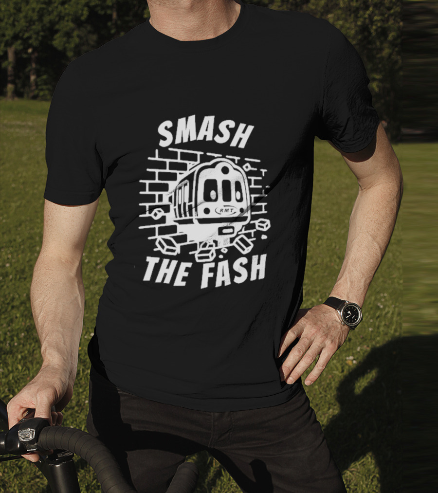 Manchester South RMT Smash The Fash Train Breaking Through Brick Wall T-Shirt