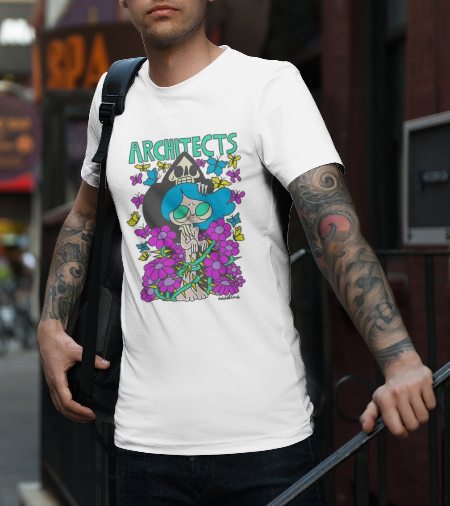 ARCHITECTS Butterfly Skull Skeleton Flowers Blue Hair T-Shirt