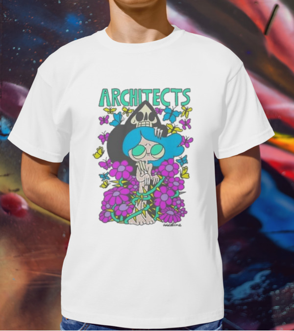 ARCHITECTS Butterfly Skull Skeleton Flowers Blue Hair T-Shirt