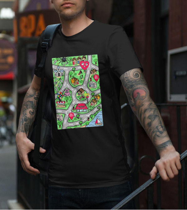 Are We There Yet Cute Cartoon Map With Smiling Landmarks And Colorful Scenery T-Shirt