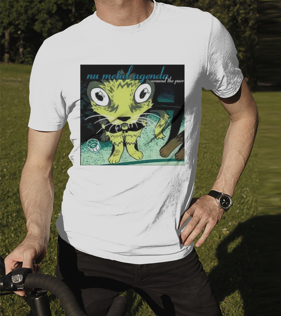 Nu Metal Agenda Around The Purr Feline Illustration With Swirling Colors And Bold Letters T-Shirt