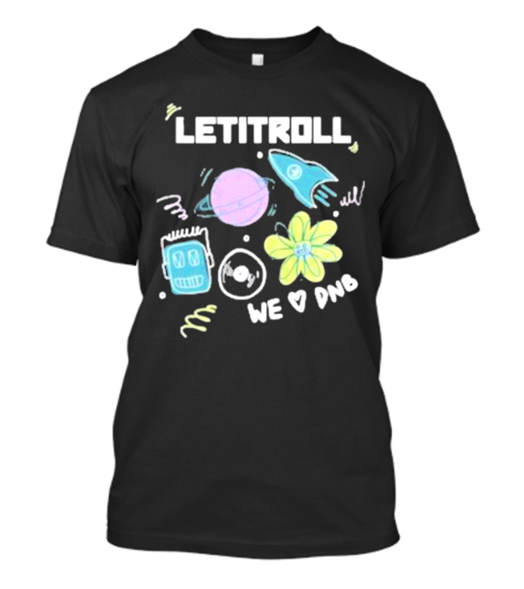 LETITROLL We Love DNB Planet Rocket Robot Flower T-Shirt