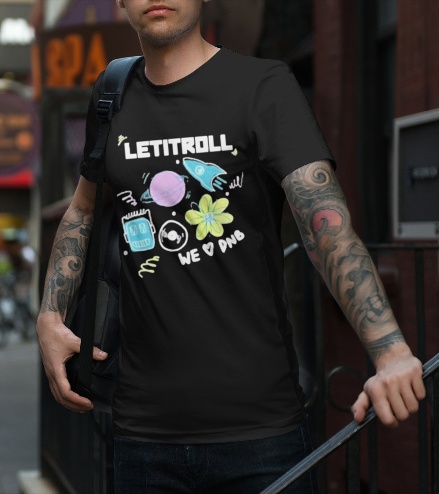 LETITROLL We Love DNB Planet Rocket Robot Flower T-Shirt