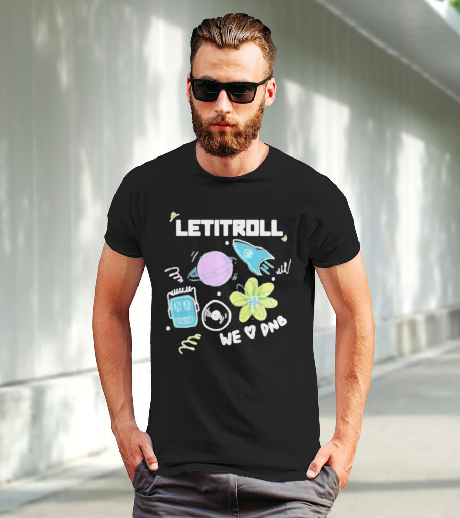 LETITROLL We Love DNB Planet Rocket Robot Flower T-Shirt