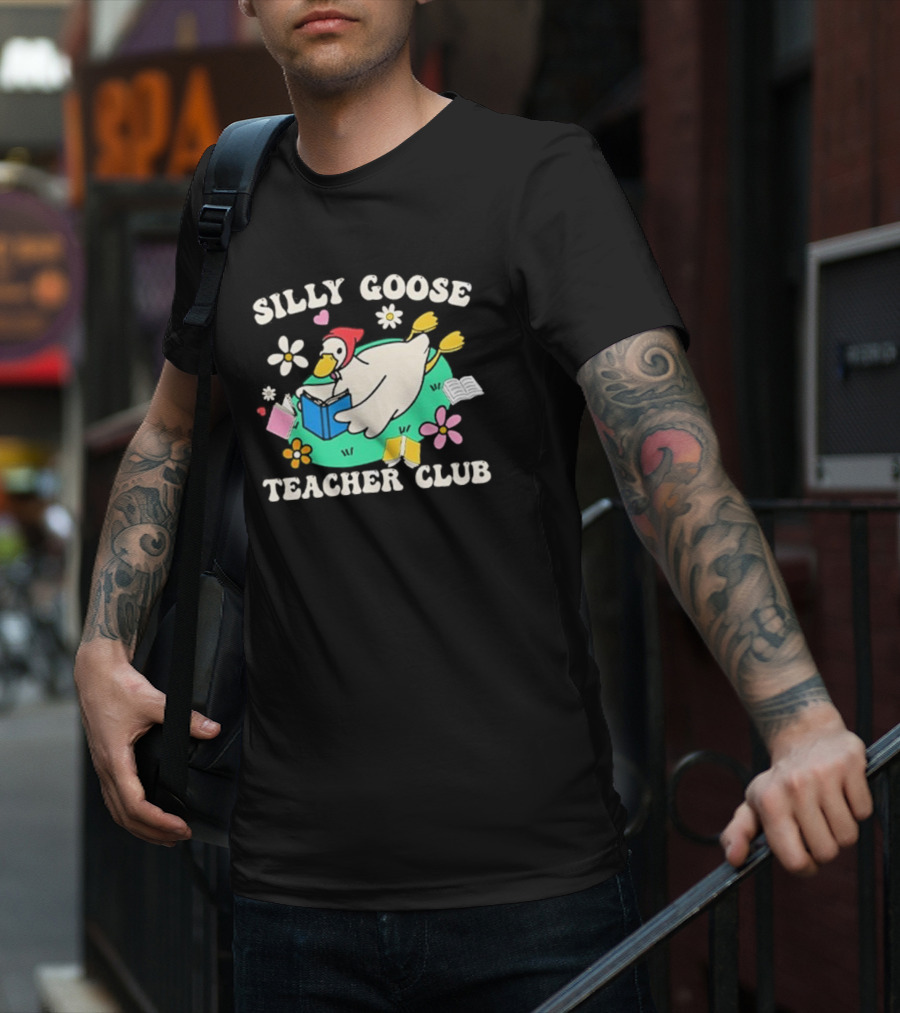 Silly Goose Teacher Club Reading Duck With Flowers And Open Books T-Shirt