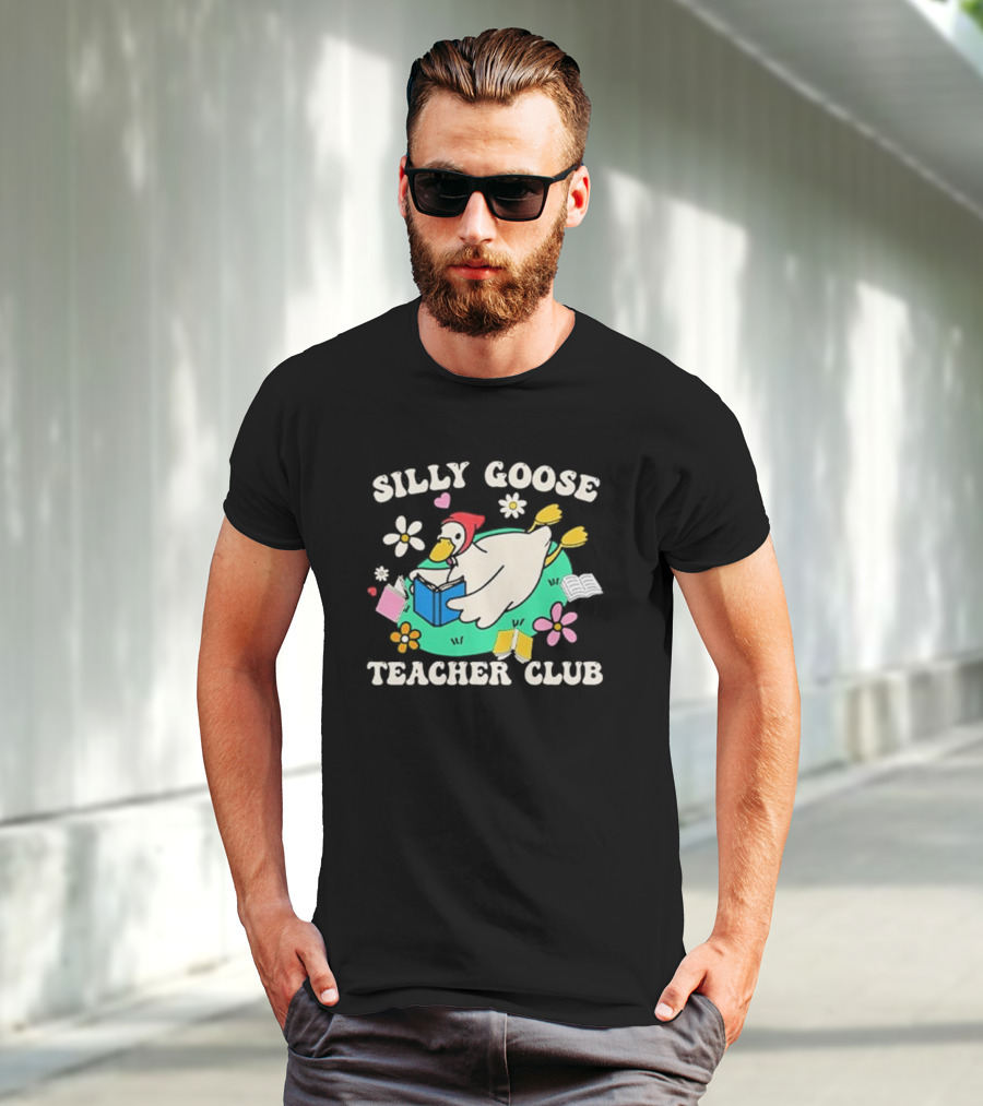 Silly Goose Teacher Club Reading Duck With Flowers And Open Books T-Shirt