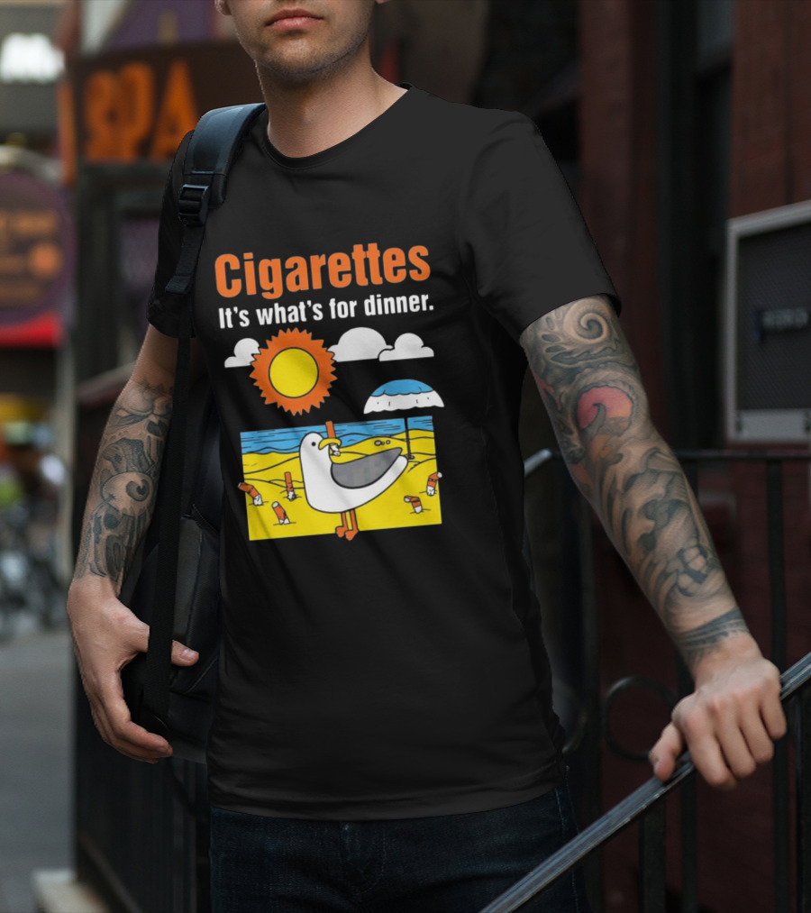 Cigarettes It's What's For Dinner Beach Seagull Cartoon With Sun And Umbrella T-Shirt