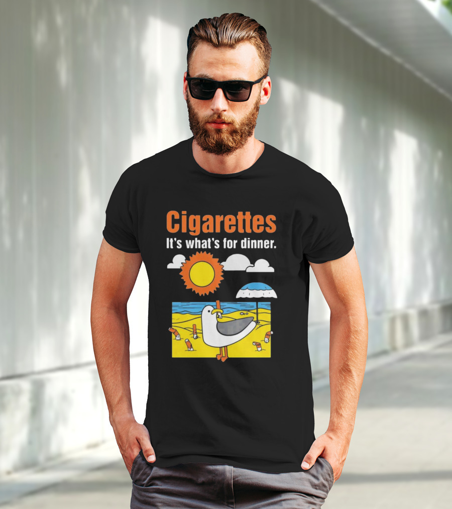 Cigarettes It's What's For Dinner Beach Seagull Cartoon With Sun And Umbrella T-Shirt