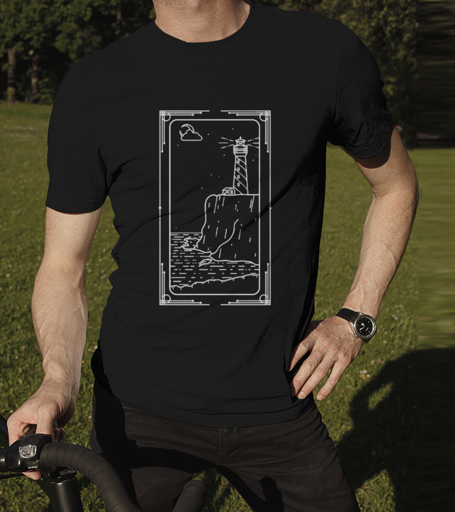 Coastal Lighthouse Cliff With Starry Sky And Waves T-Shirt