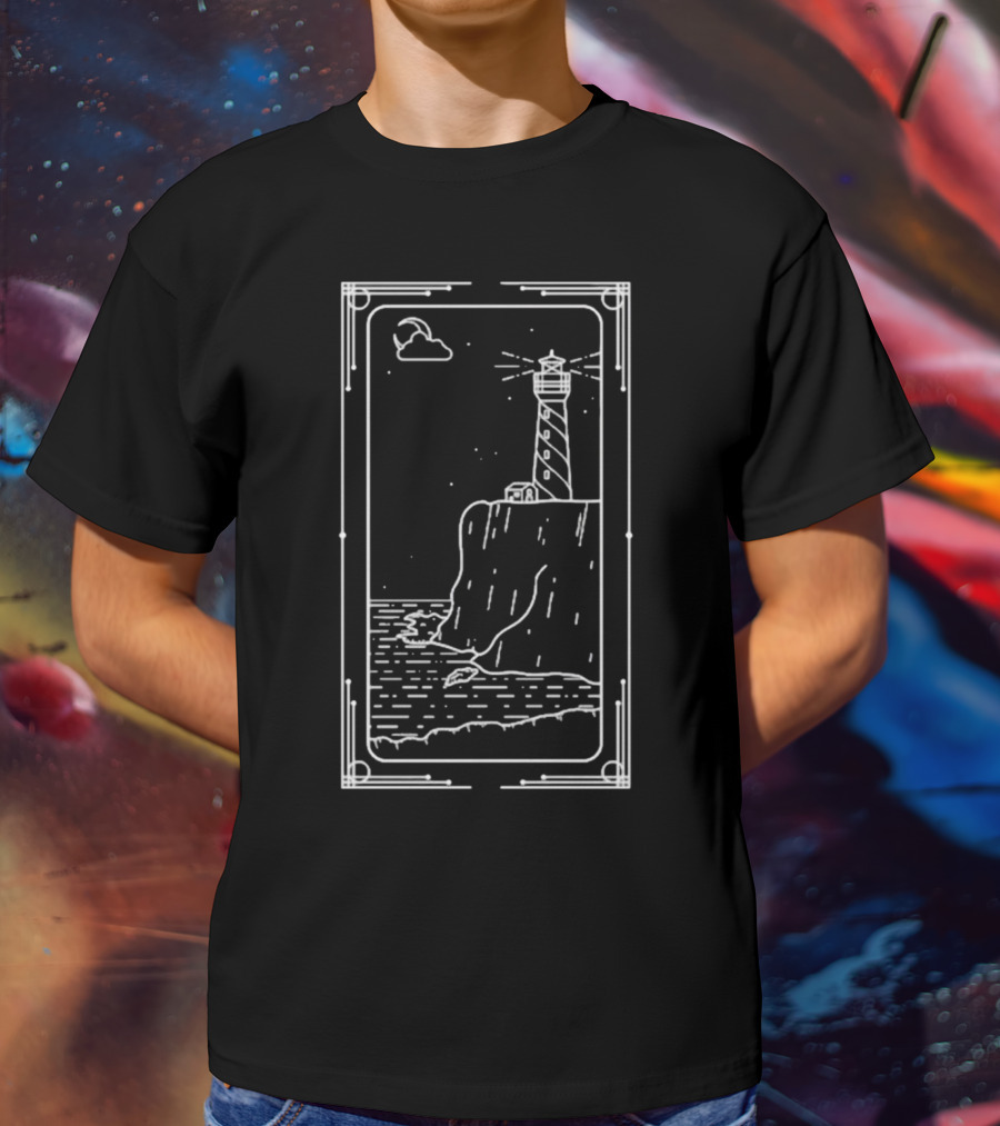 Coastal Lighthouse Cliff With Starry Sky And Waves T-Shirt