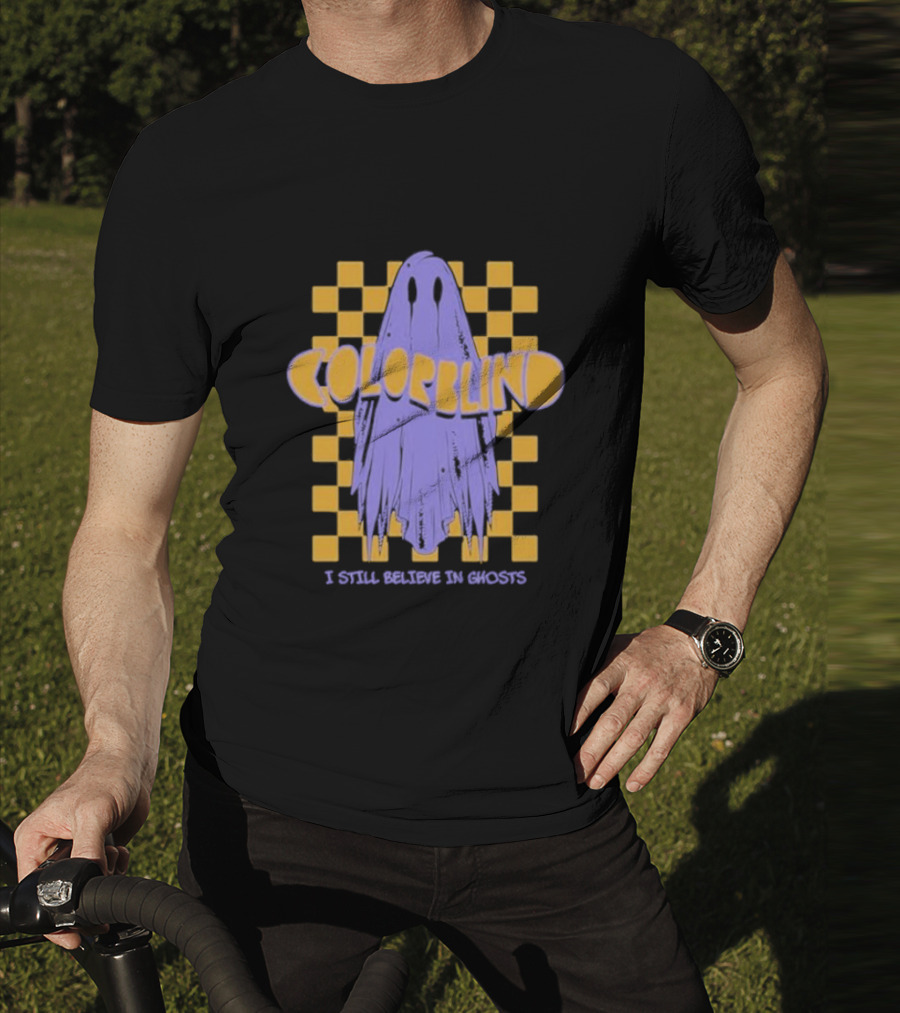 Colorblind I Still Believe In Ghosts Purple Ghost On Yellow Checkered Background T-Shirt