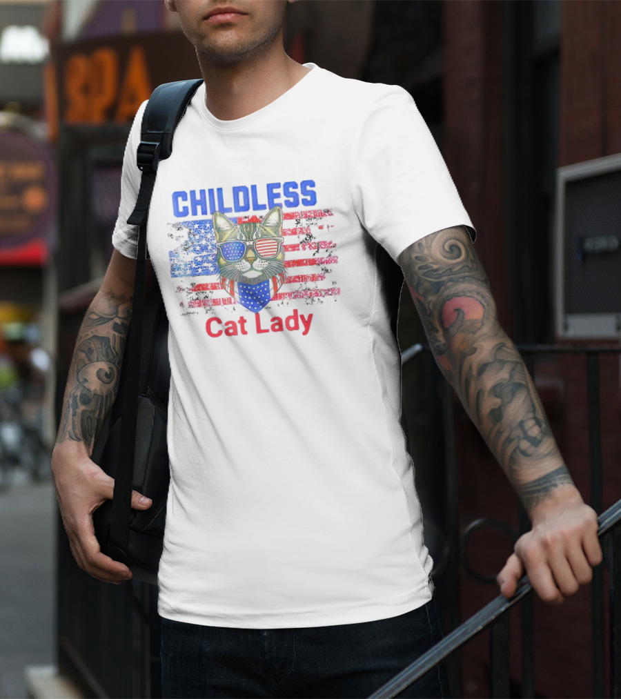 Childless Cat Lady USA Flag Sunglasses T-Shirt