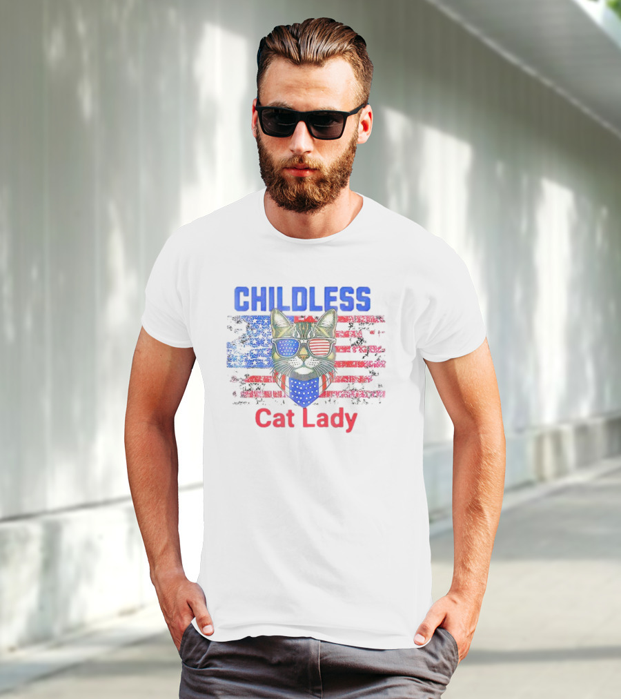 Childless Cat Lady USA Flag Sunglasses T-Shirt