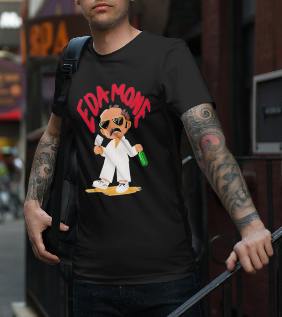 Eda Mone Rangan Chettan Cartoon Character In White Suit With Sunglasses Holding Cleaver And Bottle T-Shirt