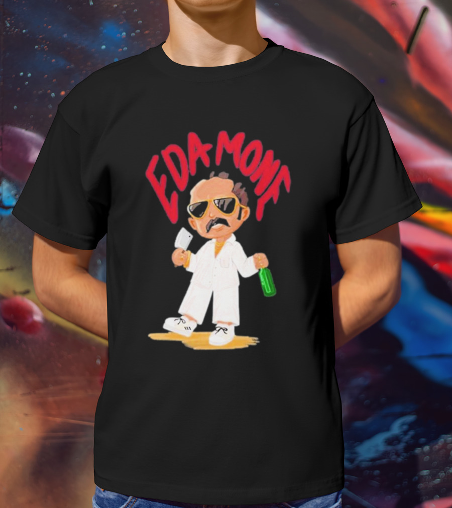 Eda Mone Rangan Chettan Cartoon Character In White Suit With Sunglasses Holding Cleaver And Bottle T-Shirt