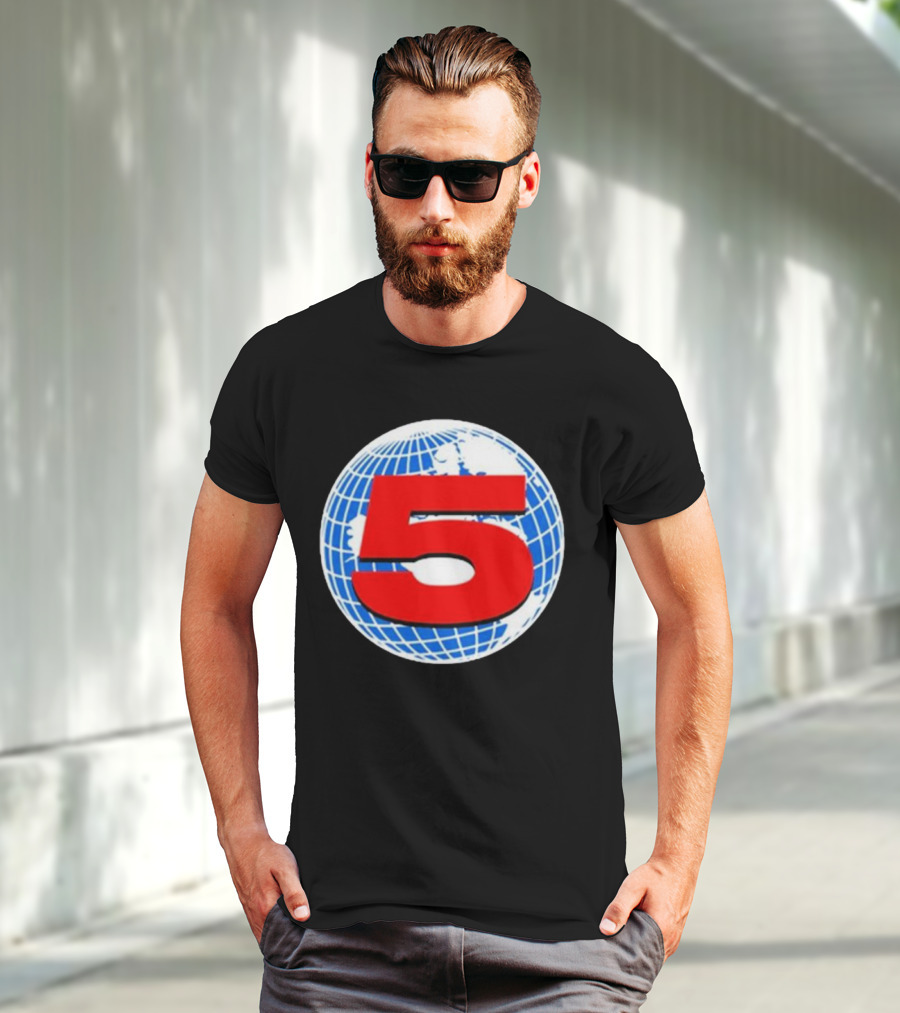 Red Number 5 On Blue And White Globe Background T-Shirt