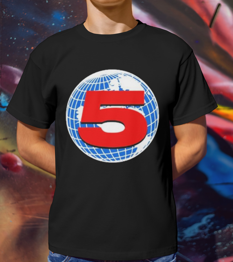 Red Number 5 On Blue And White Globe Background T-Shirt