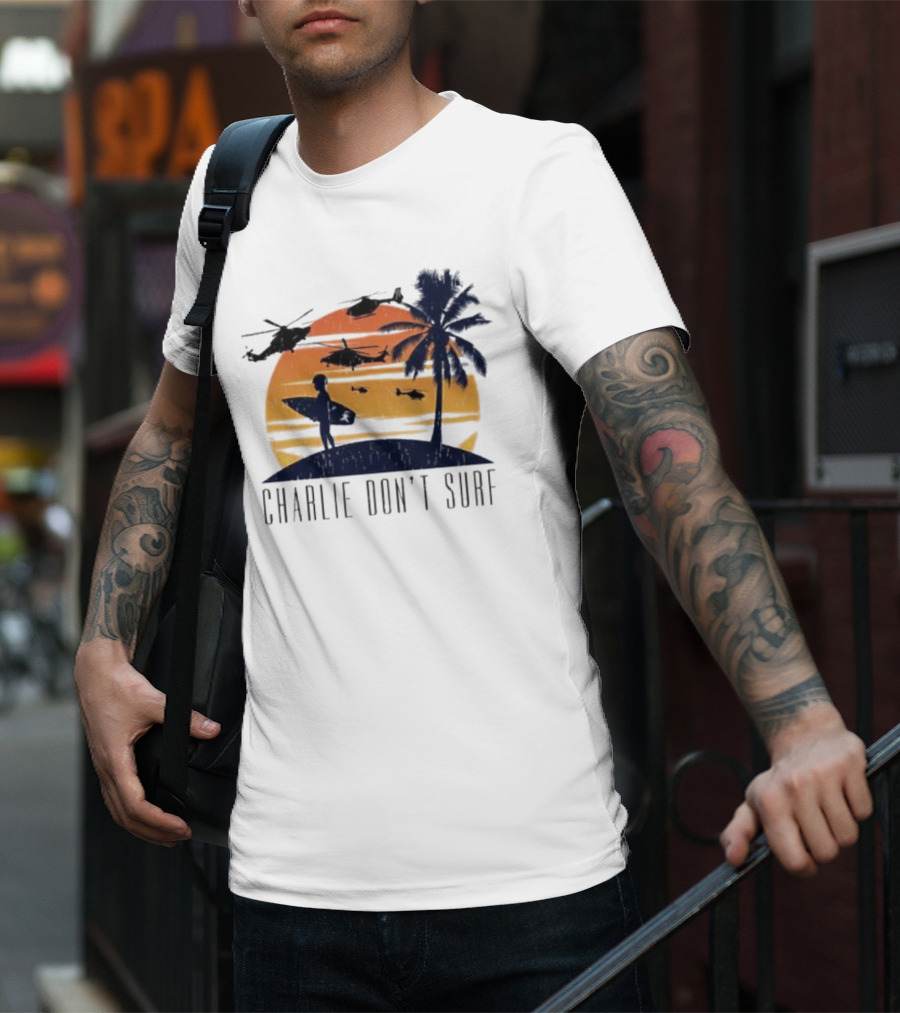 Charlie Don’t Surf Helicopters Palm Sunset Surfer T-Shirt