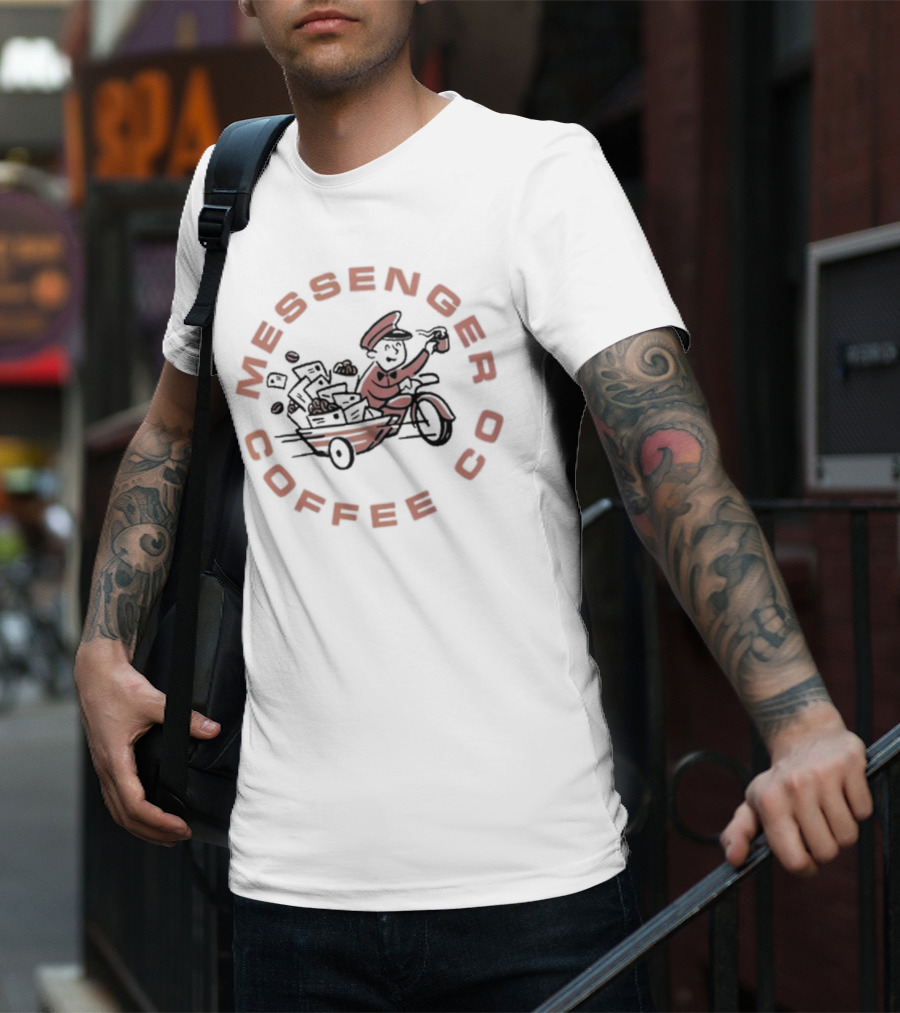 Messenger Coffee Co Vintage White Mail Carrier With Coffee Cup T-Shirt