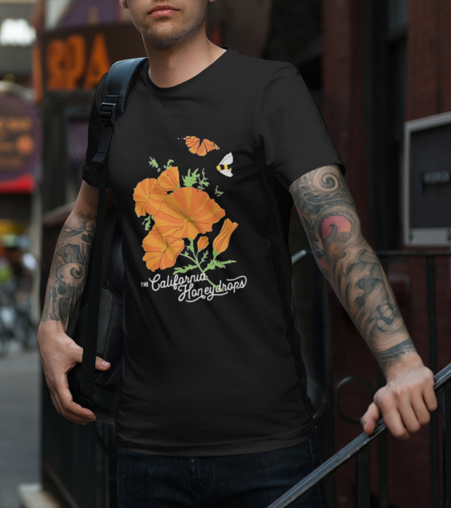 The California Honeydrops Orange Poppies Meadow With Butterfly And Bee T-Shirt
