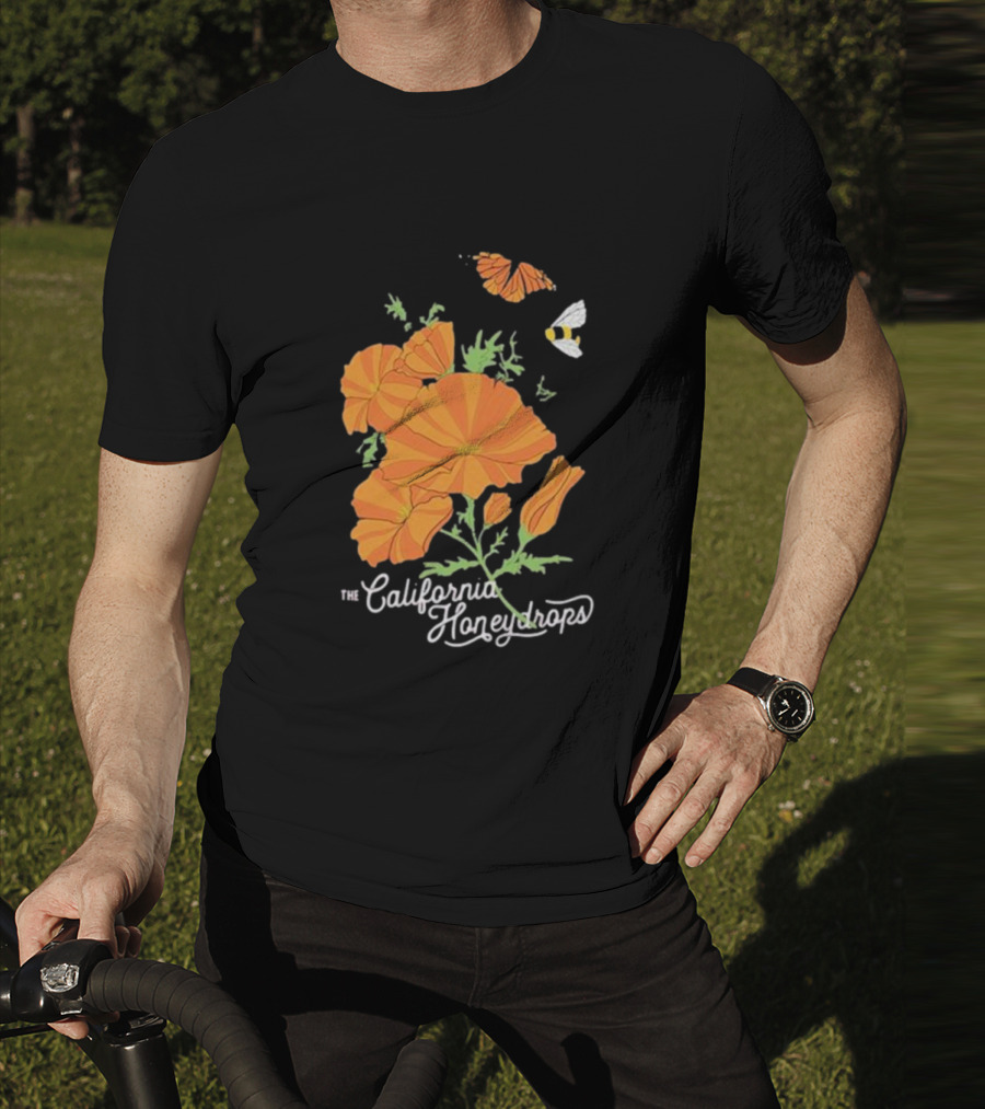 The California Honeydrops Orange Poppies Meadow With Butterfly And Bee T-Shirt