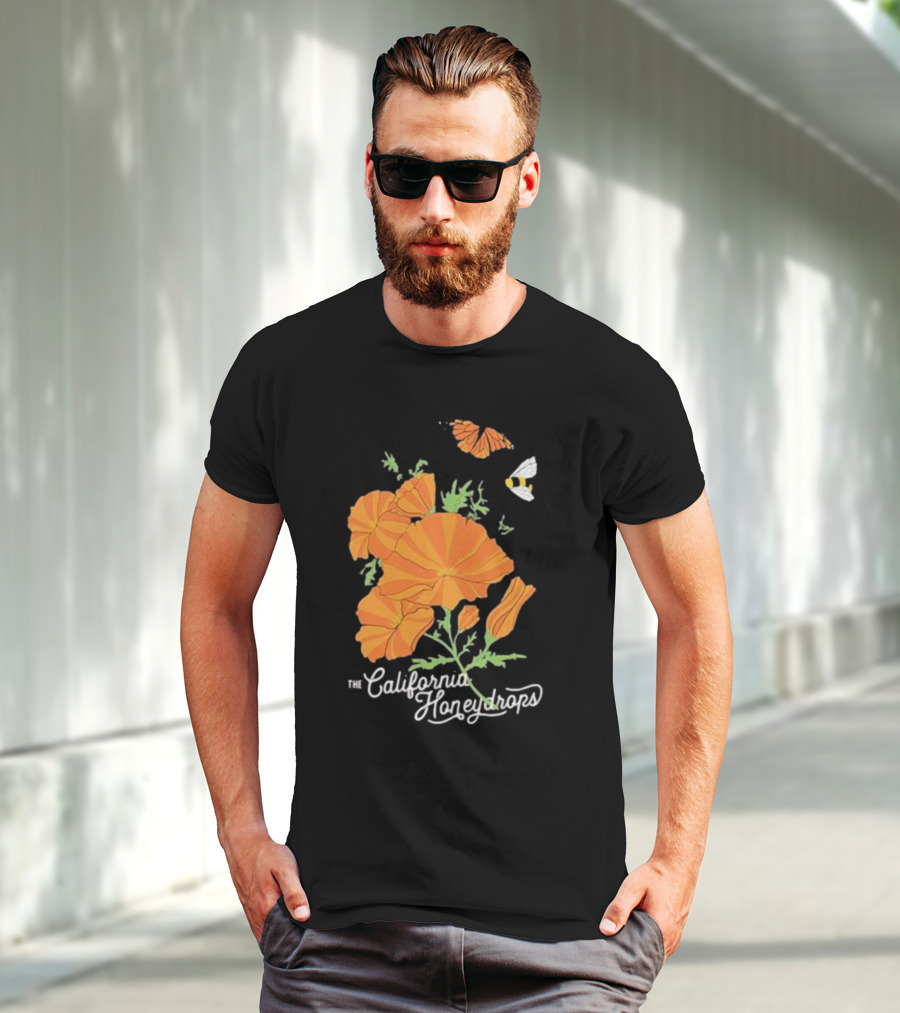 The California Honeydrops Orange Poppies Meadow With Butterfly And Bee T-Shirt