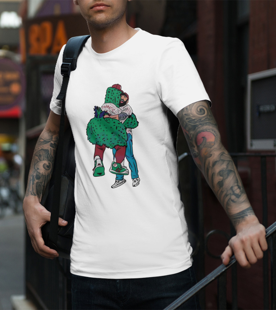Phanatic Phillies Mascot Embrace With Baseball Player T-Shirt