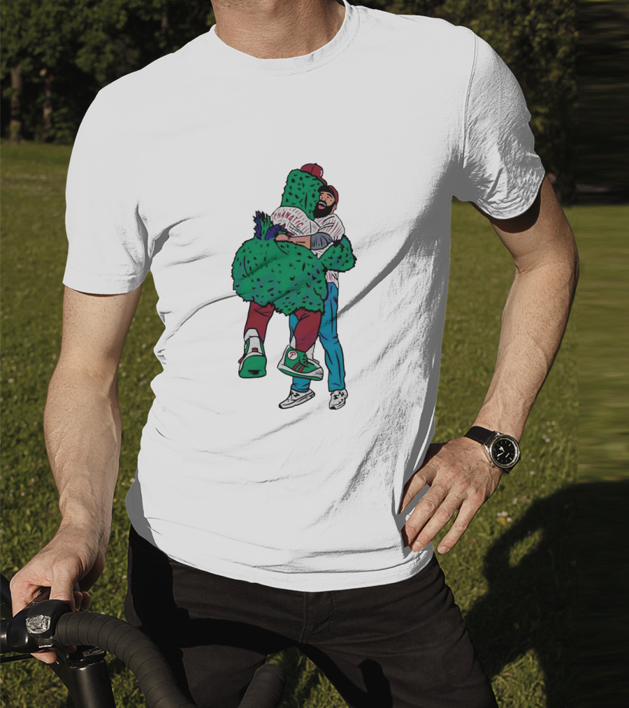 Phanatic Phillies Mascot Embrace With Baseball Player T-Shirt