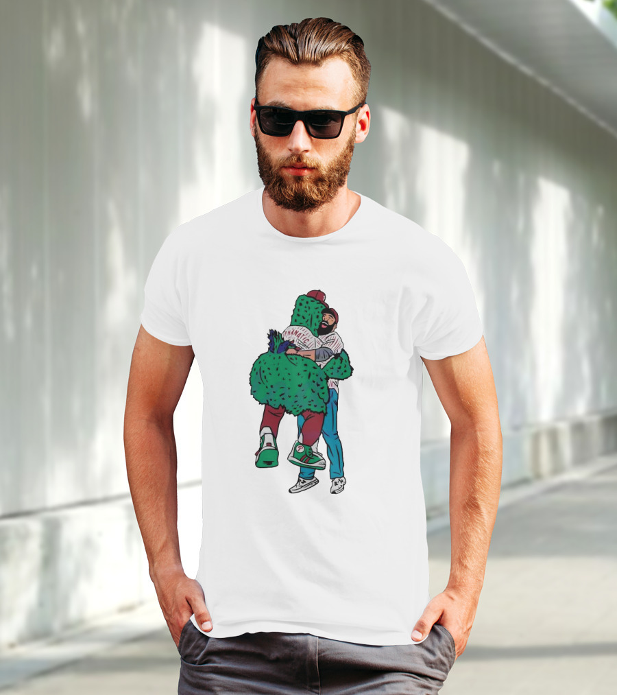 Phanatic Phillies Mascot Embrace With Baseball Player T-Shirt