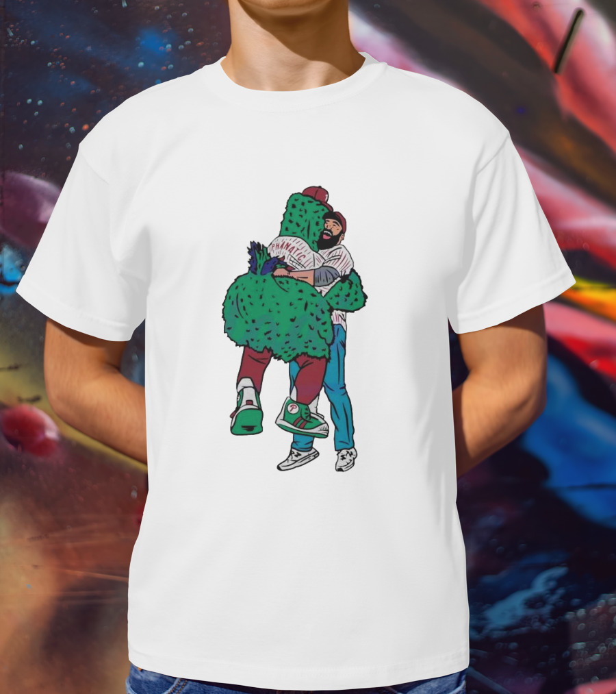 Phanatic Phillies Mascot Embrace With Baseball Player T-Shirt