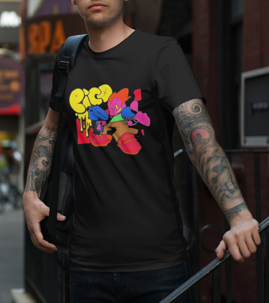 Friday Night Funkin Pico Colorful Cartoon Character Holding Gun T-Shirt