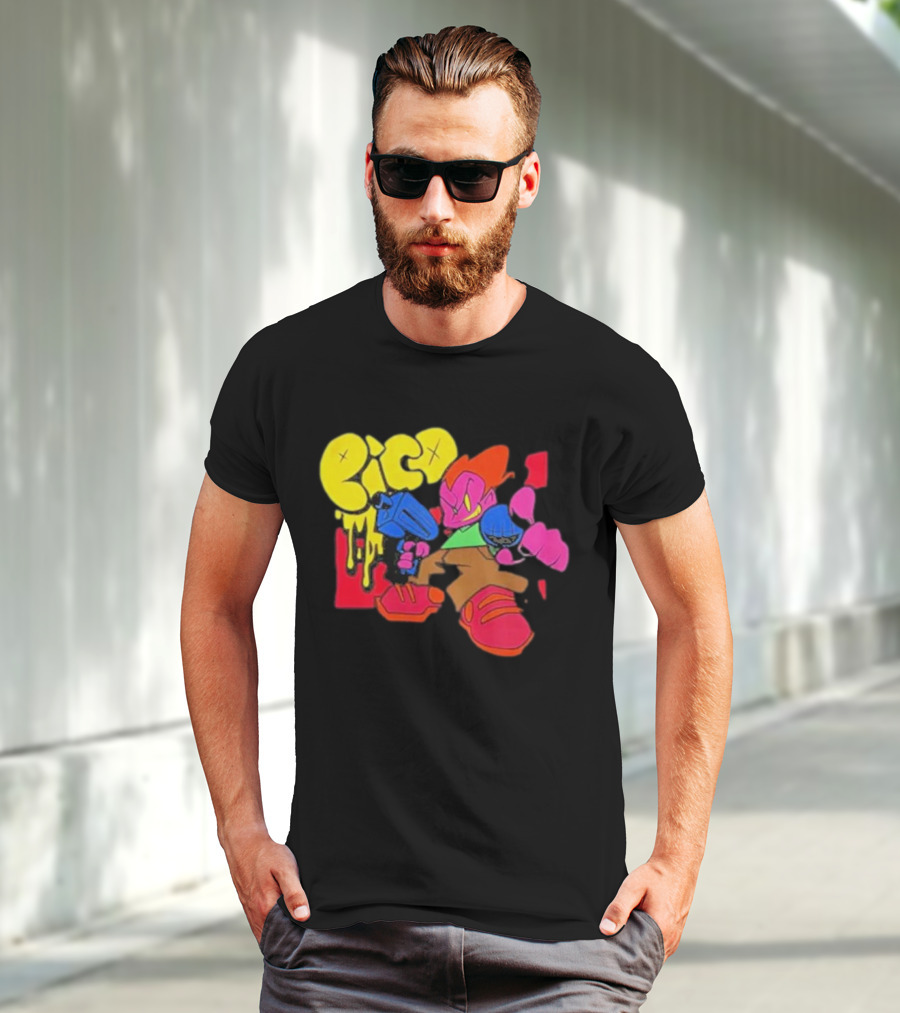 Friday Night Funkin Pico Colorful Cartoon Character Holding Gun T-Shirt
