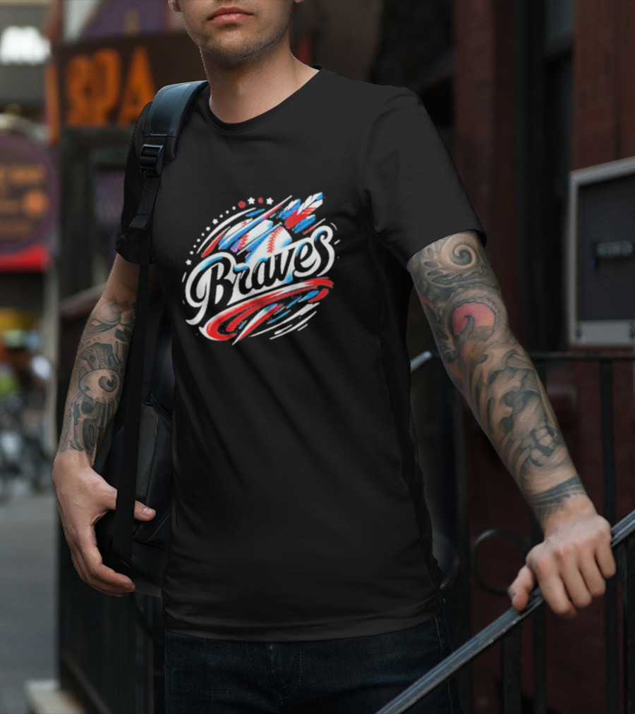 Braves Baseball Feathers MLB Team Logo With Stars And Stripes Motif T-Shirt