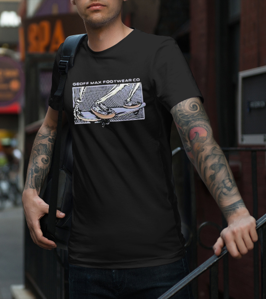 Geoff Max Footwear Co Skeleton Skateboarding Scene T-Shirt