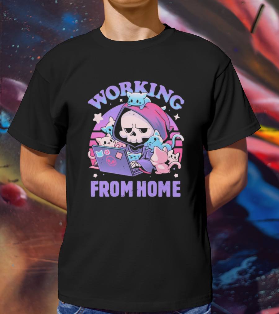Working From Home Reaper With Cats Using Computer T-Shirt