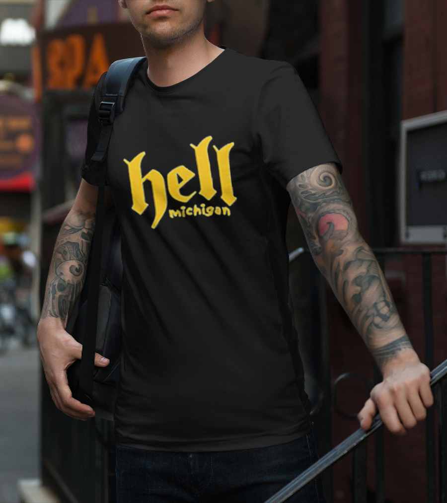 Hell Michigan Yellow Gothic Text T-Shirt