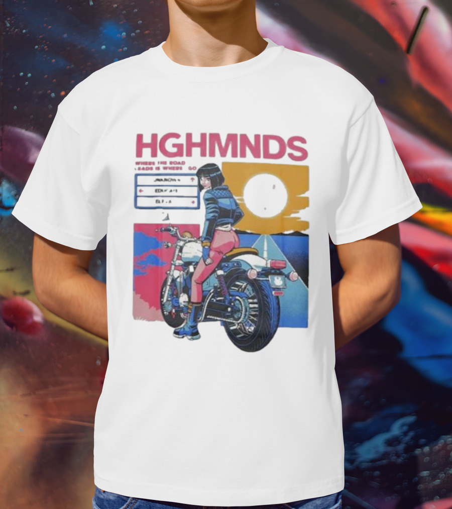 Hghmnds Where The Road Leads Is Where I Go Unknown Educate Elevate Biker Anime Style Moon Sun Desert Journey T-Shirt