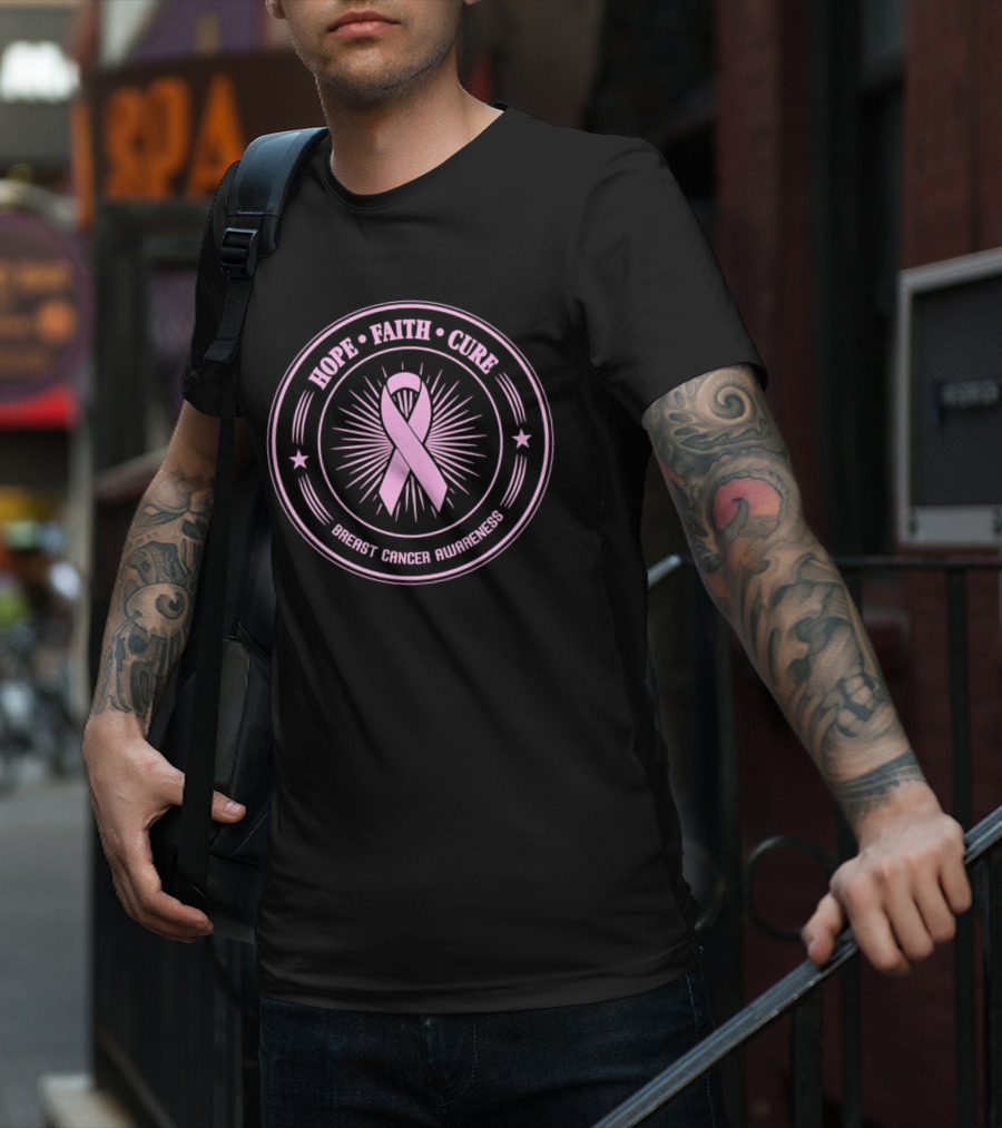 Hope Faith Cure Breast Cancer Awareness Pink Ribbon Emblem T-Shirt