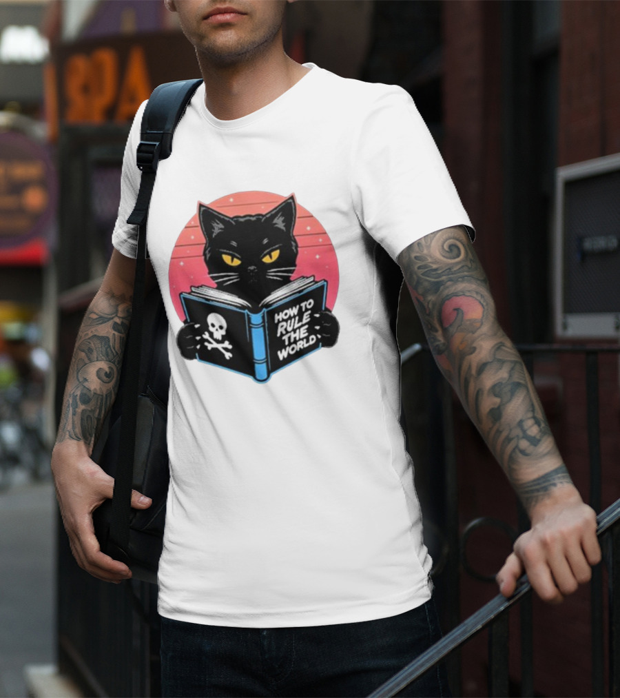 How To Rule The World Black Cat Reading Book With Skull T-Shirt