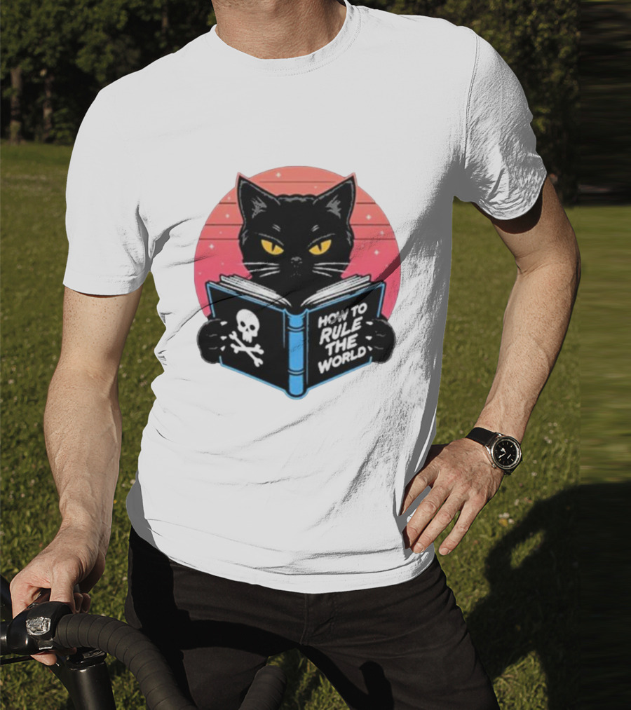 How To Rule The World Black Cat Reading Book With Skull T-Shirt