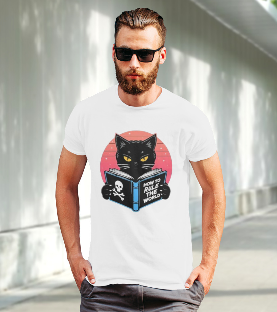 How To Rule The World Black Cat Reading Book With Skull T-Shirt