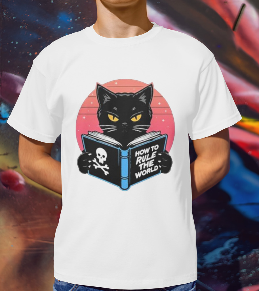 How To Rule The World Black Cat Reading Book With Skull T-Shirt