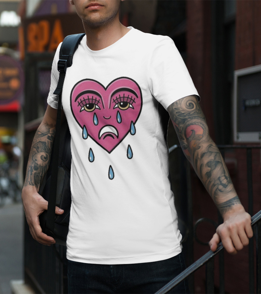 Hursey Hand Painter Crying Heart Sad Pink Teardrop Face T-Shirt