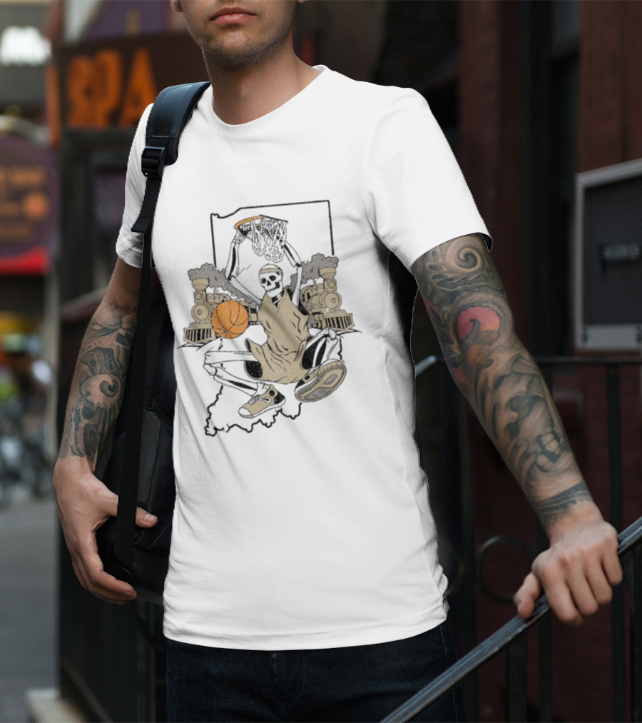 Golo Bloods West Lafayette Indiana Basketball Skeleton With Locomotives And Indiana Outline T-Shirt